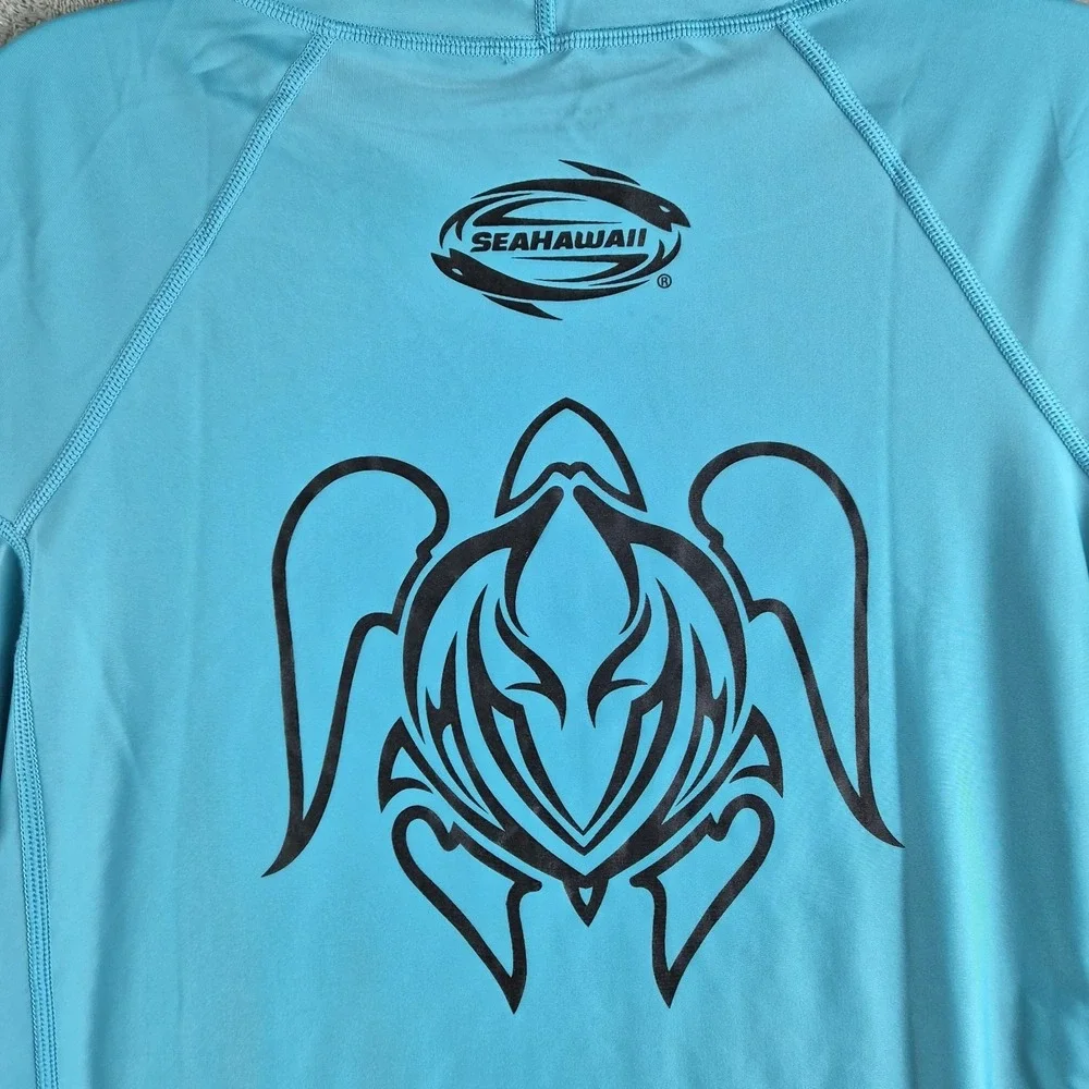 SeaHawaii Monskin Rashguard Medium Blue Hooded Short Sleeve Turtle Beach Surfer